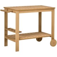 Desserte de jardin chariot pour plancha barbecue en bois avec poignée 2 plateaux et porte-bouteilles 95 x 47 x 74 cm