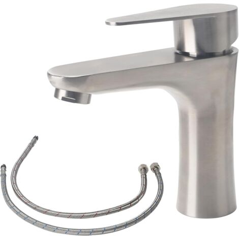 Waschtischarmatur aus Edelstahl 304, Badezimmerarmatur mit Schlauch, Waschtischarmatur mit Montagezubehör, Handwaschbecken mit Warm- und Kaltwasseranschluss (gebürstete Oberfläche)