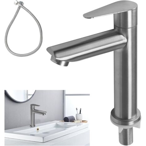 Kaltwasserhahn aus Edelstahl, Kaltwasser-Waschtischarmatur mit Schlauch, Einhebel-Badezimmerarmatur für Gäste-WC, Badezimmer (geradlinig)