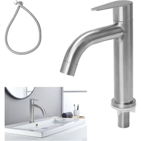 Kaltwasserhahn aus Edelstahl, Kaltwasser-Waschtischarmatur mit Schlauch, Einhebel-Waschtischarmatur, Waschtischmischer für Gäste-WC, Badezimmer (gebogene Auslauföffnung)