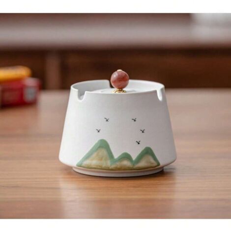 Chinesischer Keramikaschenbecher – Staubdichter Deckel, für Wohnzimmer/Büro, vielseitig verwendbar, antike Celadon-Optik, großes Fassungsvermögen, leicht zu reinigen, Accessoire für die Teezeremonie, (1/4)