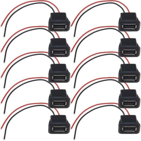 Packung mit 10 USB 2.0-Buchsen, 2-adrig, 3 A, 2-polig, mit gerillter Öse für Kfz-Überwachungskameras, Audiorecorder, Haushaltsgeräte, 10 cm (1/5)