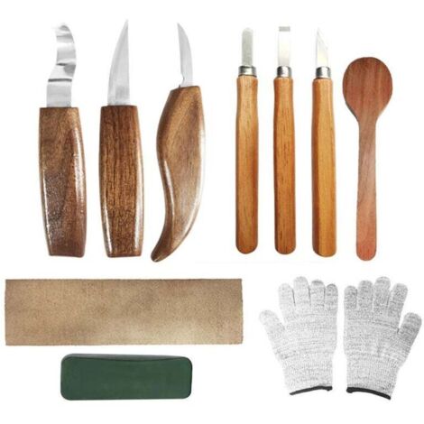 10-teiliges Holzschnitzwerkzeug-Set, Holzschnitzset mit 3 Holzbearbeitungswerkzeugen, 3 Holzschnitzmessern, Handschuhen, professionelles Holzschnitzwerkzeug für Anfänger und Profis (1/4)