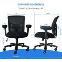 Großer Bürostuhl, Belastbarkeit 227 kg – Ergonomischer Netz-Bürostuhl, robuster Computerstuhl – breites Sitzkissen, verstellbare Lendenwirbelstütze, Metallfußkreuz, Gummirollen, 4D-Armlehnen