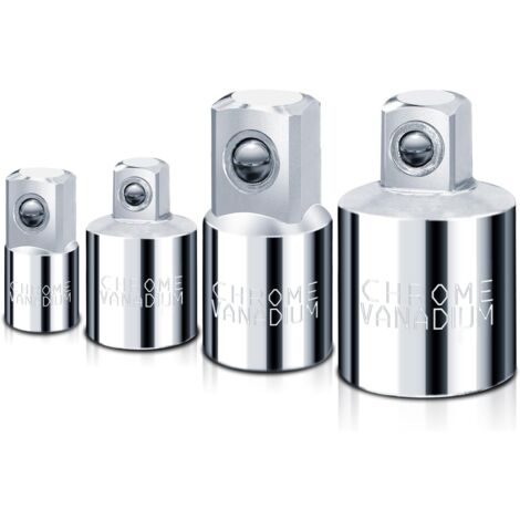 Satz mit 4 Steckschlüsseladaptern und Reduzierstücken 1/4", 3/8", 1/2" - Polierter Chrom-Vanadium-Stahl - Für Schlagschrauber und SAE-Ratschenschlüssel (1/5)