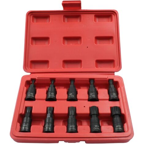 Satz mit 10 dreifach geriffelten Vierkant-Steckschlüsseln M4-M16 - 3/8"-Antrieb Cr-Mo-Stahl - Ideal für Heimwerker und Profis (1/5)