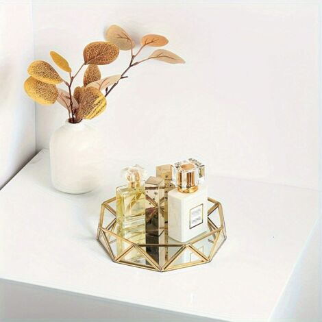 Luxuriöses Parfümtablett aus Glas mit Goldrand und Spiegel, geometrische Form, für Schmuck und Kosmetik (nicht für den Kontakt mit Lebensmitteln geeignet) (1 Stück) (1/5)