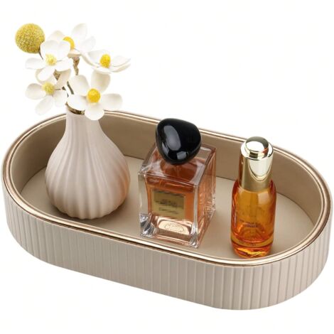 ovale Aufbewahrungsschale aus Kunstleder mit Goldrand, gestreift, für Kosmetik und Schmuck, nicht für Lebensmittel geeignet, Beige (1/5)