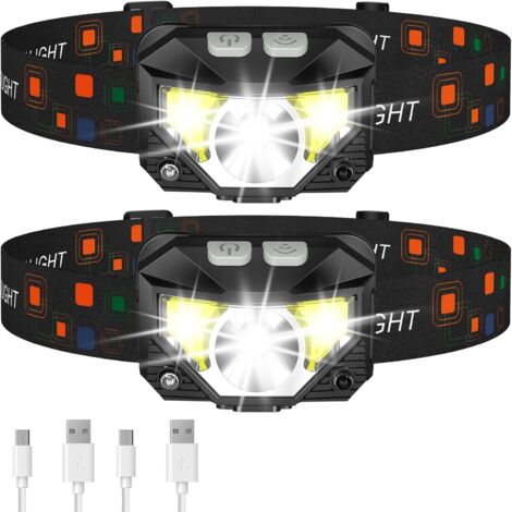 Set mit 2 ultraleichten, wasserdichten und wiederaufladbaren LED-Stirnlampen – 8 Weiß-/Rotlichtmodi mit Bewegungssensor – ideal für Camping, Wandern, Angeln und Laufen (1/5)