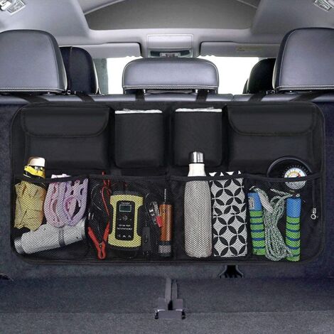 Kofferraum-Organizer aus Netzgewebe mit 8 Taschen, verstellbarem Gurt und 3 Klebestreifen zur Befestigung, ideal für Kinder, geeignet für SUVs und Minivans. (1/5)