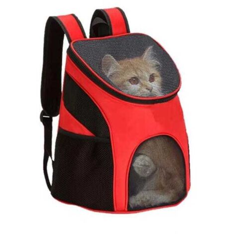 Outdoor-Haustierrucksack (30 x 25 x 35 cm, rot), atmungsaktive Reisetasche aus Netzgewebe mit zwei Schultergurten für kleine Katzen und Katzen (1/4)