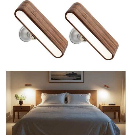 (2er-Set, Walnussfarbe) LED-Wandleuchte in Holzoptik, 360° drehbare Magnethalterung, Nachtlicht, ideal fürs Schlafzimmer (1/5)