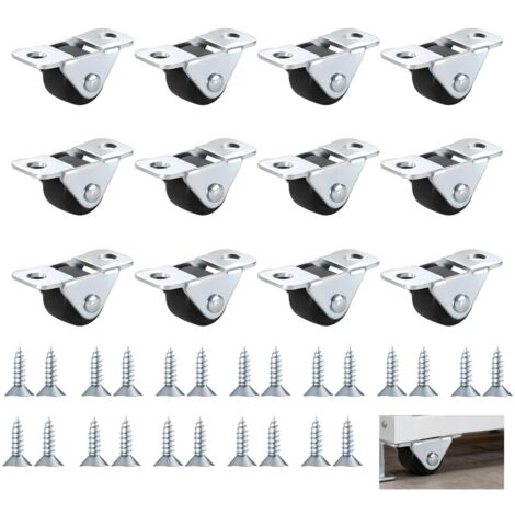 Set mit 12 kleinen 12-mm-Gummimöbelrollen, Minirollen mit 24 Schrauben und Stahlplatte, geräuscharme Möbelrollen für Schränke, Kleingeräte und Werkzeugkästen (1/5)