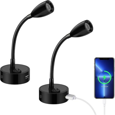 2er-Pack LED-Leselampe, 12 V, 3 W, 3000 K, Wand- und Bettleuchte mit flexiblem Schwanenhals und USB-Ladeanschluss für die Innenbeleuchtung von Booten, Yachten, Autos und Wohnwagen, schwarz (1/5)