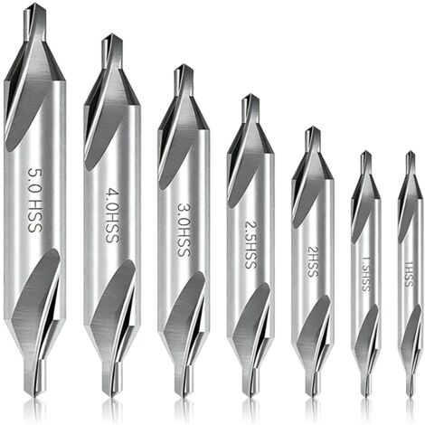 Satz mit 7 M2 HSS Doppelspitzen-Zentrierbohrern, Hochpräzisions-Metallfräser für Metalldrehmaschinen und Bohrmaschinen, Professionelle Bohrwerkzeuge für Stahl, Aluminium und Holz (1,0/1,5/2,0/2,5/3,0/ (1/5)
