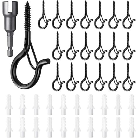 20 Pcs Outdoor Screw Hooks Wall Mounted Rustproof Screw Hook with Safety Buckle for String Lights and Plants Ceiling Hook Heavy Duty Diamond Design for Wood and Concrete Black (1/5)