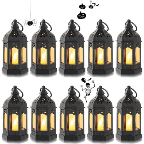 Mini Lanterne LED Exterieur - Lot de 10 Lanterne Bougie Noir Decorative Bougeoir pour Halloween, Ramadan, Mariage, Noel, Decoration de Table, Piles Incluses