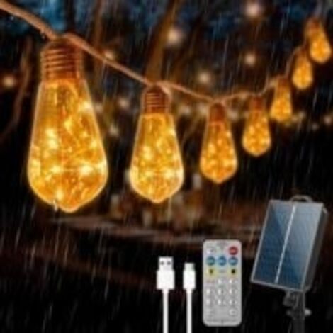 Guirlande Lumineuse Exterieure, Guirlande Guinguette Solaire avec 16 Ampoules, Corde de Chanvre 10M, 8 Modes IP64 Étanche, Télécommande et Chargement USB, pour Jardins, Cours, Bistrots,Pavillon