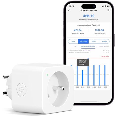 Prise Connectée (Type E), 16A Prise WiFi Compatible avec Alexa et Google Home, Prise Consommation Électrique Intelligente avec Commande Vocale, Contrôle à Distance et Configuration Bluetooth