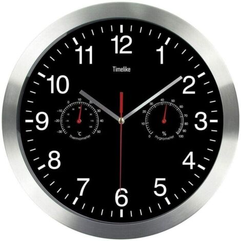 Quartz Ronde Horloge Murale, Aluminium Silencieuse Intérieur Murale Horlog vec Thermomètre Et Hygromètre pour Salon Cuisine Bureau (Noir)
