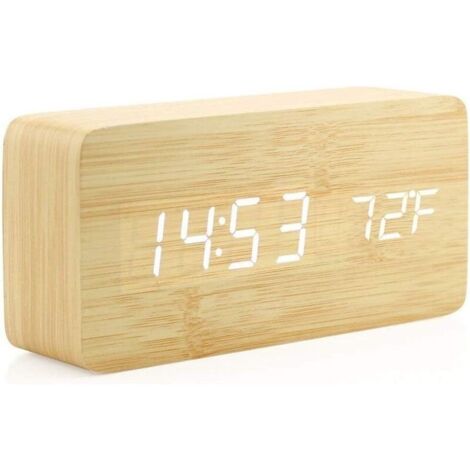 Horloge en Bois Réveil numérique en Bois créatif Réveil LED Multifonctionnel élégant avec Alimentation USB Commande vocale - Bois de Bambou