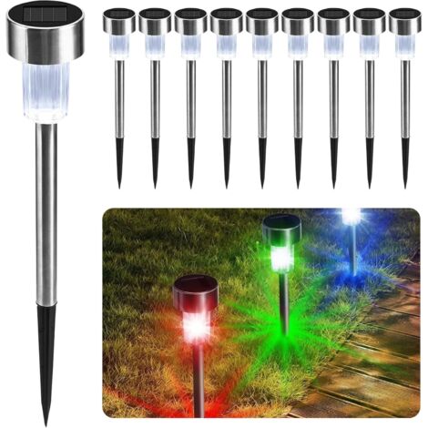 Lot de 10 lampes solaires de jardin à LED à changement de couleur en acier inoxydable résistant aux intempéries pour éclairage extérieur et allée – Rechargeable avec activation nocturne