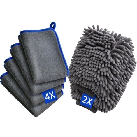 6PCS Kit Nettoyage Voiture, Kit Lavage Voiture avec 4PCS 600GSM Chiffon Microfibre et 2PCS Gant Lavage Voitures Detailing Auto Entretien Accessoires