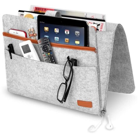 Sac de rangement en feutre de chevet avec poches, organisateur de suspension de bureau pour canapé-lit pratique pour téléphone, magazines, tablette, télécommandes, gris clair