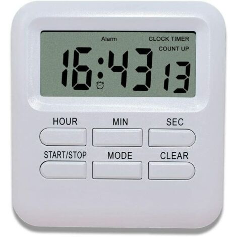 Minuterie Digitale avec Fonction d'Horloge/Réveil 3 en 1, Minuterie de Cuisine Aimanté, Timer Chronomètre Compte à Rebours, Gestion du Temps pour Cuisine/Étude/Sport (Blanc)