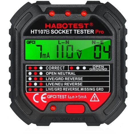 Testeur de Prise Avec Test RCD et Voyants,Testeur de Circuit Electrique,6 Types de Diagnostic D'Erreur,Courant Automatique Détecteur de Tension de Polarité,CAT ll 300V