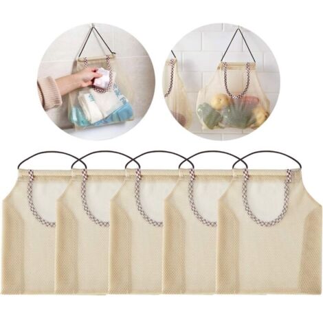 5 pièces sac en filet suspendu respirant, sacs de support de rangement de cuisine pour pommes de terre, oignons, ails, légumes, fruits