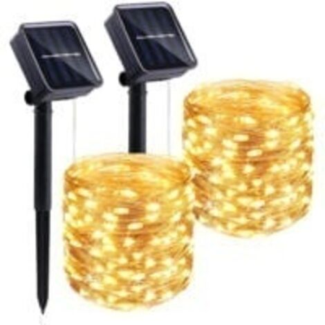 Guirlande lumineuse solaire d'extérieur 2 x 22 m, 200 lumières, 8 fonctions, LED, étanche, lumière blanche chaude, idéale pour un jardin, une terrasse, une fête de famille, Noël, un mariage