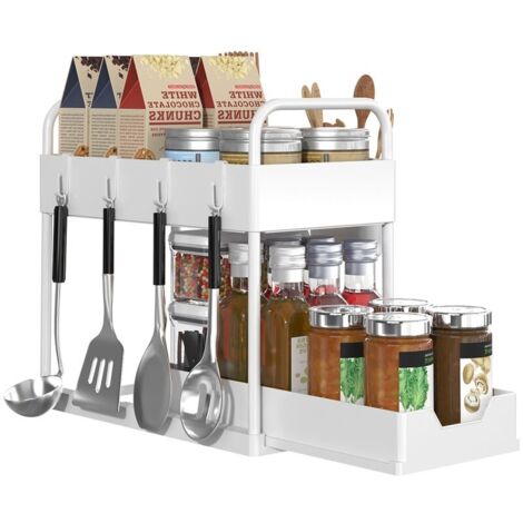 Etagere de Rangement sous Evier Rack avec tiroir coulissant pour Cuisine et Salle de Bain-2 Niveaux-ABS Support de Rangement Organiseur Porte-épices Blanc