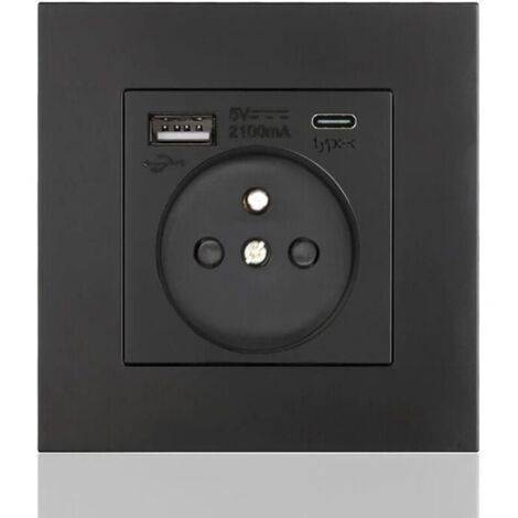 Panneau de prises françaises Type-c+USB16A Type 86, nombre de prises : 2 trous, nombre de ports USB : 1, nombre de ports type-c : 1, sûr et ferme(carré noir)