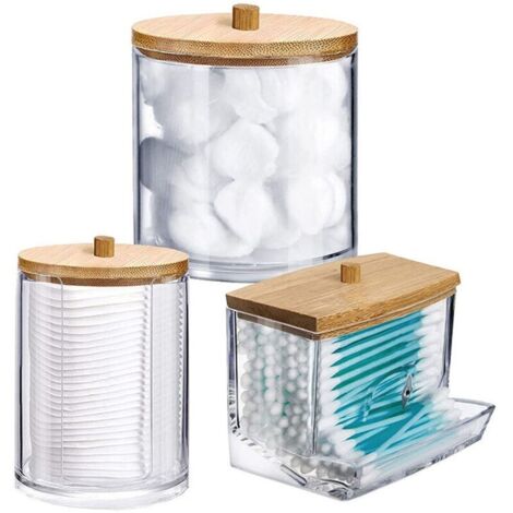 Lot de 3 Pièces Distributeur de Coton Support de Coton Boite à Coton tige en Acrylique Organisateur Stockage de Coton avec Couvercles en Bambou