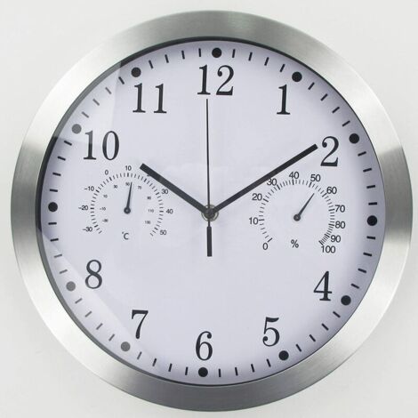 Horloge murale ronde à quartz, horloge murale intérieure silencieuse en aluminium avec thermomètre et hygromètre pour salon, cuisine, bureau (blanc)