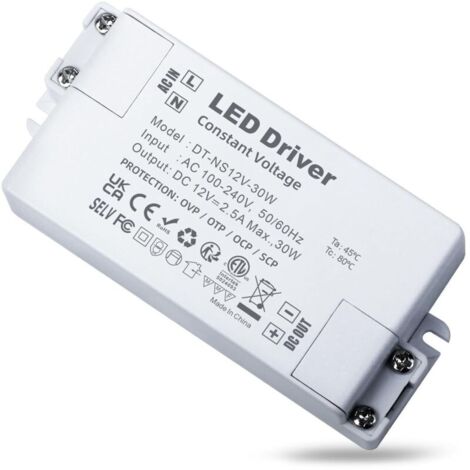 Transformateur LED 12V 30W, Transformateur 220V 12V 2.5A, AC à DC Alimentation Basse Tension, LED Driver de Tension Constante, Transfo LED pour Bandes Leds, Lampes LED, Projecteurs Enfoncés