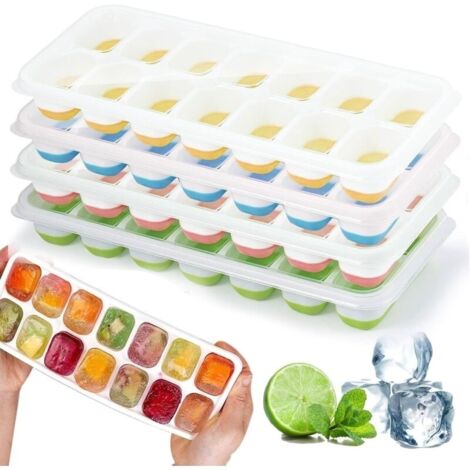 Pièces bacs à glaçons en silicone avec couvercle,Moule à Glaçons,Sans BPA,bacs à glaçons carrés faciles à retirer(1 Vert+1 Bleu+1 Rose+1 Jaune) (1/5)