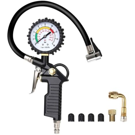 Pistolet Manometre De Gonflage - Manometre Pression Pneu,Numérique Manomètre Pneu, Pistolet de Gonflage Manomètre Avec 4 Bouchons de Valve, une Tige de Rallonge en Métal
