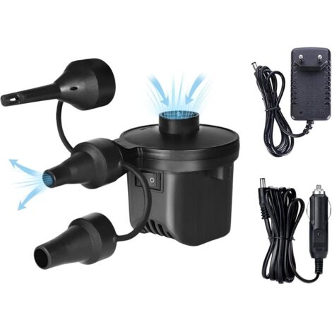 Pompe à Air Électrique pour Piscines. Gonfleur - Dégonfleur de Matelas Portable. Gonfleur pour Matelas, Flotteurs, Emballage sous Vide, avec 3 Buses. Compresseur 240V AC / 12V DC.