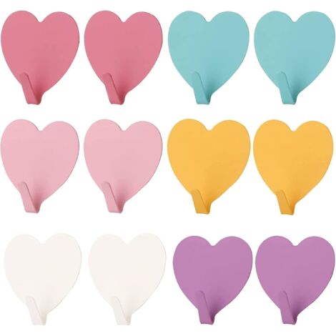 12 Pièces Crochets Adhésifs en Acier Inoxydable - Forme de Cœur Colorés, Étanche pour Salle de Bain - Patère Murale (1/5)