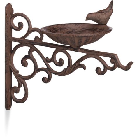 Abreuvoir en fonte mangeoire oiseaux jardin équerre mural porte bain oiseaux déco HxlxP: 24x28x14 cm, marron
