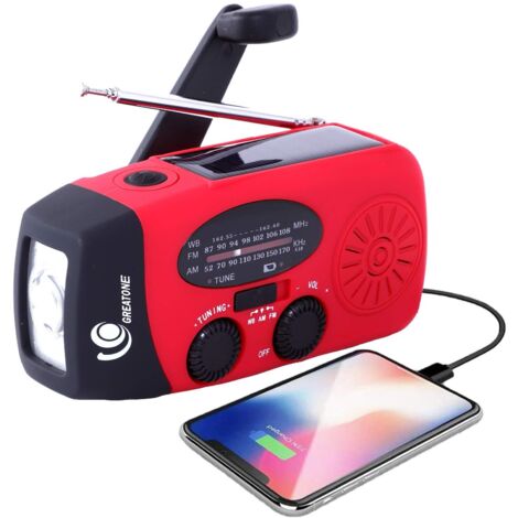 Radio météo d'urgence à manivelle auto-alimentée AM/FM NOAA solaire portable pour camping avec lampe de poche LED, charge portable 2000 mAh pour téléphone Survival Pack 071 (rouge)