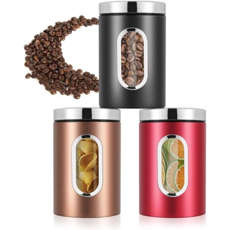 Pot à Café Hermétique Inoxydable, Boite de Rangement Cuisine, Lot de 3 Bocaux Hermétiques Alimentaires avec Fenêtre