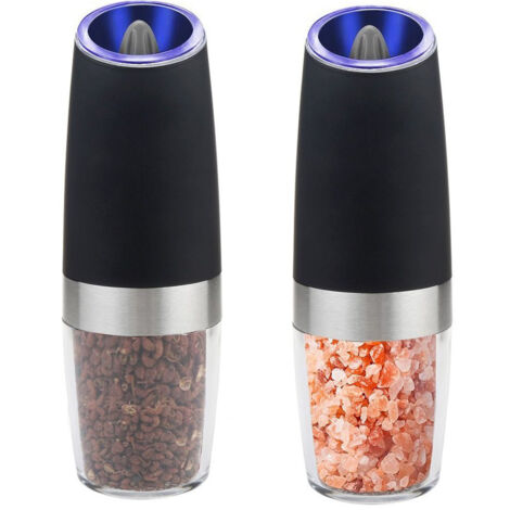 Ensemble de broyeur de poivre électrique gravité, grossière réglable, batterie avec lumière LED, fonctionnement automatique d'une main, noir en acier inoxydable, 2 pack (1/5)