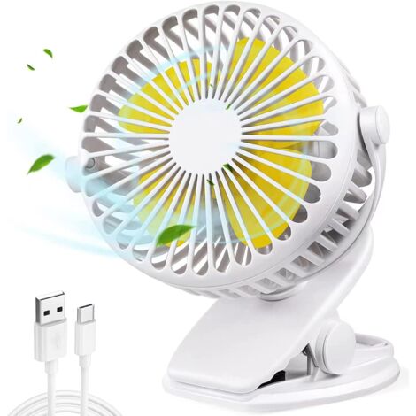 Ventilateur USB silencieux, ventilateur de bureau USB portable avec batterie rechargeable, ventilateur de refroidissement rotatif à 360 ° à 3 vitesses pour poussette, voiture