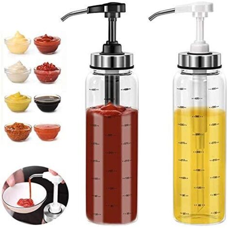 Lot de 2 bouteilles en verre distributrices d'huile d'olive de 500 ml, sans goutte, sans plomb, ketchup, vinaigrette, miel, huile
