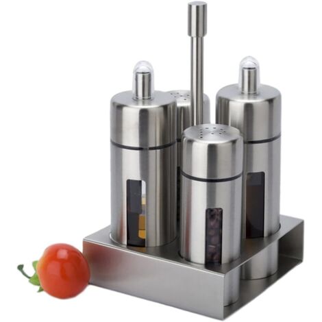 Ensemble de burettes, bouteilles distributrices d'huile et de vinaigre en acier inoxydable et en acrylique, salières et poivrières, support de serveur de condiments, 4 pièces
