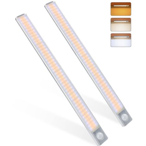 Lampe de Placard 160LED[2pcs], Lampe à Détecteur de Mouvement, Luminosité Réglable avec 3 Couleurs, USB Rechargeable, Sans Fil, Convient à Armoires, Cuisines, Couloirs, Garage, Lampe de Poche