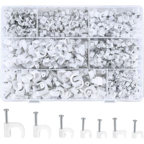 700 Pièces Attache-câble Ronde avec Clou en Acier, Clips Câble Ronds, Cavalier Cable Electrique Blanc, 4 mm/5 mm/6 mm/8 mm/10 mm